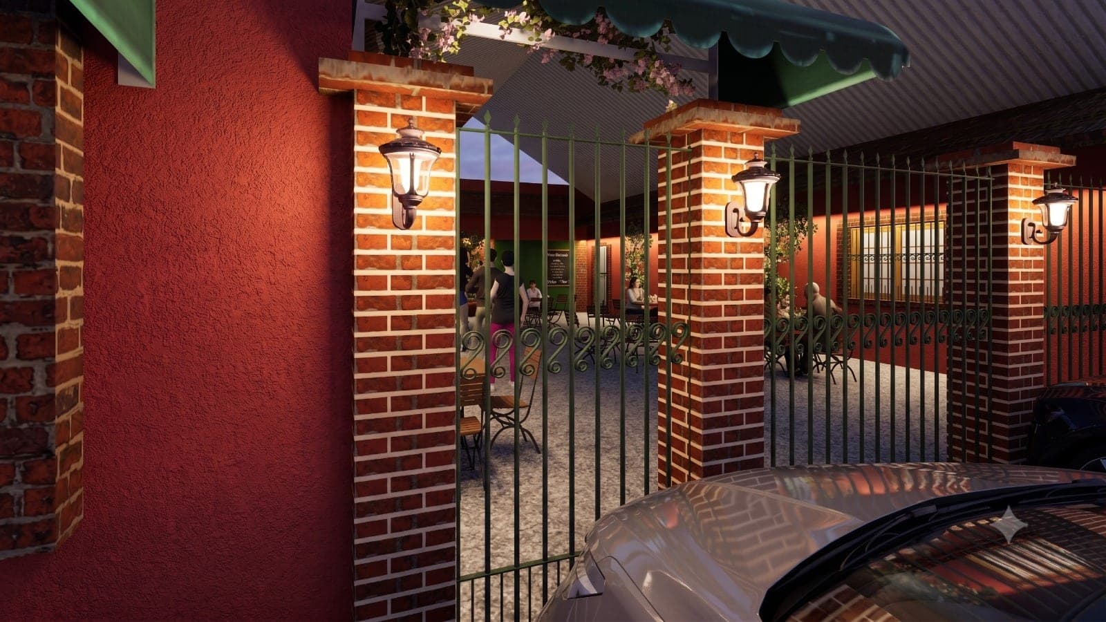 Entrada de bistrô com lanternas nas pilastras de tijolo aparente