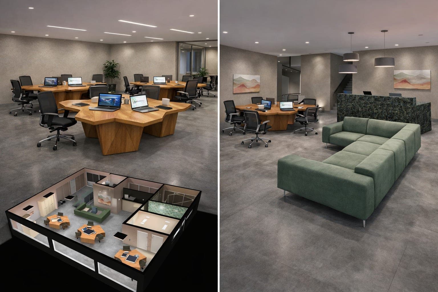 Escritório corporativo iluminado e planta 3D do layout luminotécnico
