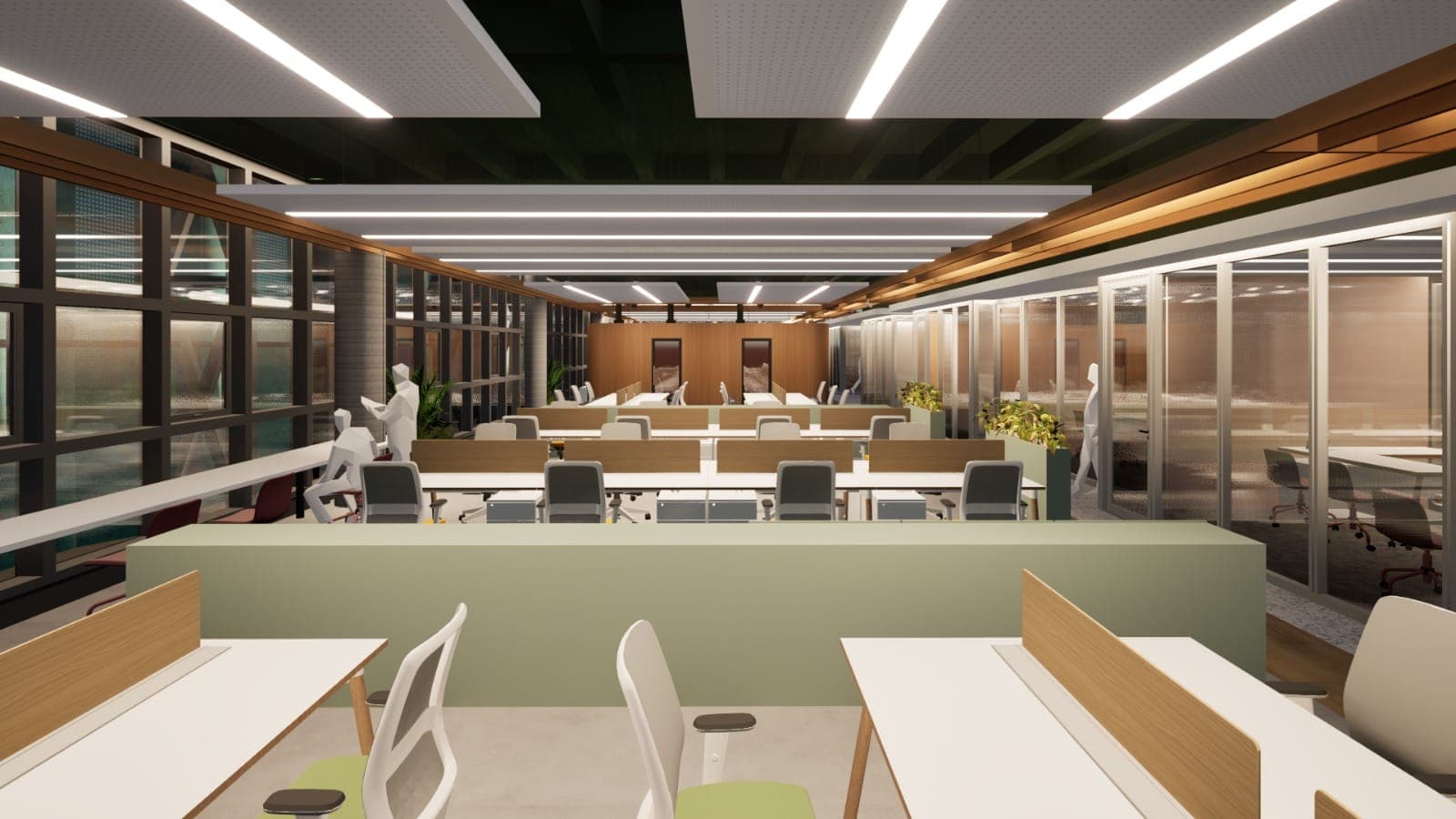 Interior de escritório corporativo com iluminação técnica