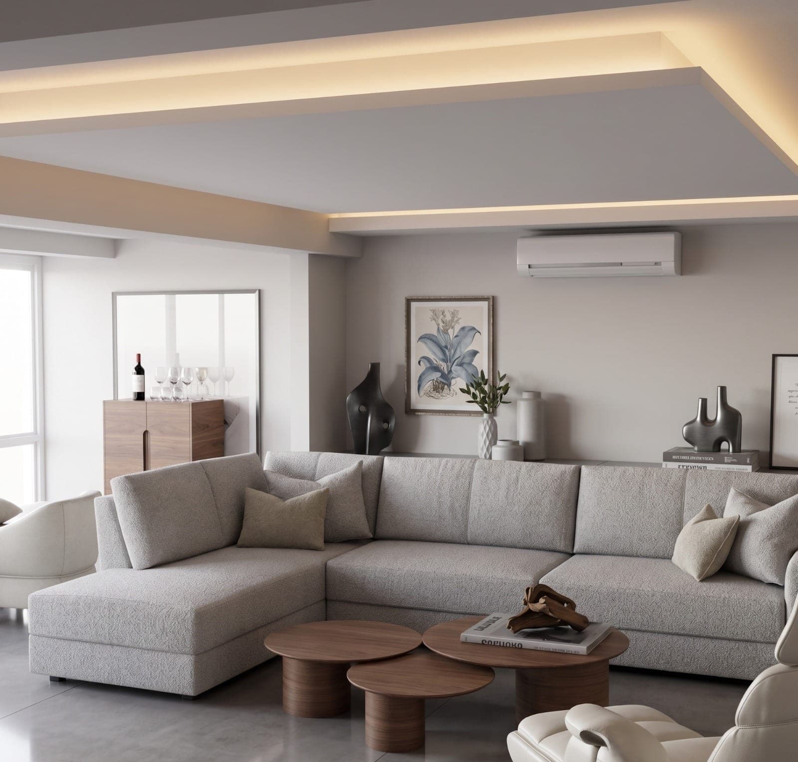 Living amplo com sanca de gesso e iluminação indireta quente