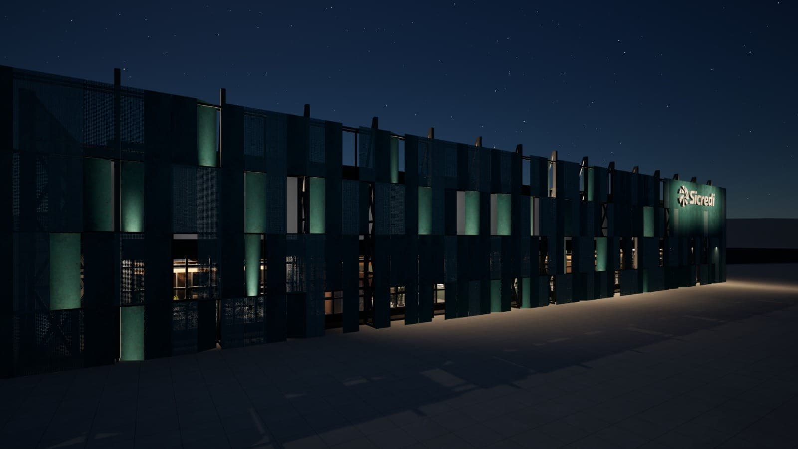 Fachada corporativa Sicredi iluminada à noite